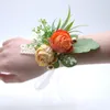 Flores decorativas Ramillete de muñeca Conjunto de flores Boda Cinta de seda rosa Novia Pulsera de mano Pulsera Decoración de fiesta