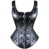 Women's Shapers Faux Leather Corset Top Shoulder Strap Corselet Black Zipper Buckled Bustier Waist Trainer Vest Overbust Women Steampunk