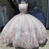 2024 rosa sexy com decote em v brilhante quinceanera vestidos beading 3dflower vestido de baile sem mangas tule doce princesa vestidos de 15 meninas