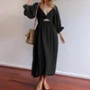 Lässige Kleider, einfarbiges Kleid, plissiert, Midi, elegant, für Damen, Dating, Party, aushöhlen, V-Ausschnitt, hohe Taille, A-Linie, mittellang