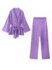 Pantaloni a due pezzi da donna Camicetta a maniche lunghe viola Pezzi Set Camicia con risvolto con lacci Abiti con pantaloni casual 2023 Abiti di moda Completi eleganti