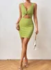 Casual Dresses Women SexyTwist Front Cut Out Bodycon Dress Ruched Slim Party Cocktail Summer Solid Green Night Club V-neck Sleeveless
