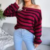 Vrouwen Truien Herfst Trui Slash Hals Off Shoulder Losse Gestreepte Dames Winter Gebreide Trui Tops Voor Vrouwen 2023