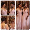 New Pleated Deep V Neck Crystal Chiffon Transparent Long Bridesmaid Dress Plus Size Prom Gown Wedding Criss Cross Straps Custom Ma244f