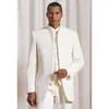 Pakken Voor Mannen Effen Kleur Stand Kraag Witte Mannelijke Blazer Mode Smart Casual Bruidegom Bruiloft Smoking Elegante Pak Slim Fit 3 Stuk