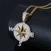 Hip Hop Rapper Hommes pendentif diamant brillant collier en or Iced out Strass boussole pendentif micro-encart complet bijoux en zircon boîte de nuit chaîne de corde chaîne de torsion 1510