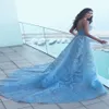 Nieuwe Collectie Baby Blue Mermaid Prom Jurken Kant Applique Spaghettibandjes Backless Rechter Trein Formele Avondkleding Partij Jassen Cus285h