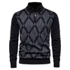 Men's Sweaters Men Half High Collar Zipper Plaid Long Sleeve Knitwear Pullovers British Fashion Male Slim Casual Sweater