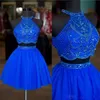2019 Real Pos Royal Blue Two Pieces Homecoming Dresses with Halter Neck Beaded Backless Tulle A Line Cocktail Party Gowns263v