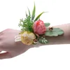 Flores decorativas Ramillete de muñeca Conjunto de flores Boda Cinta de seda rosa Novia Pulsera de mano Pulsera Decoración de fiesta