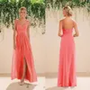 2018 Coral Beach Bridesmaids Dresses Chiffon Long a line beded spaghetti straps crystals split drity prom downs cheap bridesmaid dresse273e