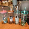 Creative Starbucks cups 591ml Pink cherry blossom large capacity glass cup with straw cup