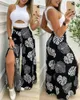 Dwuczęściowe spodnie damskie Summer Kobiety wycinane zbiornik upraw Top Tropical Print Slit szeroko nogi zestaw 2023 Femme Casual Piece szata ulica