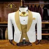 Blanc Groom Tuxedos Or Bleu Marine Revers Groomsman Mariage 3 Pièce Costume Mode Hommes D'affaires De Bal Veste BlazerVeste Pantalon Cravate V261o