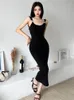 Lässige Kleider 2023 Sommerparty Schwarz Geheimnisvoll Y2K Sexy Elegant Reife Schöne Selbstbewusste Einfache Damen Gerade Langes Kleid