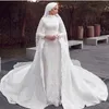 Modest Muslim Mermaid Wedding Dresses with Detachable Train Lace Appliques Overskirt Bridal Gowns Hijab Court Train Vintage Robes 321E