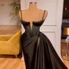 Elegant Pearls Mermaid Evening Dresses Sexy Side Split Prom Dress Sleeveless Ruched Satin Black Sweep Train Robe de mariee2580