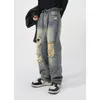 Men's Jeans Retro Old Washed Yellowed Scratched Ripped High Street Loose Straight Trousers