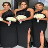 Vestidos pretos de dama de honra de um ombro só partido primavera verão campo jardim vestidos formais festa de casamento vestidos plus size custo270b