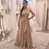 Champagne Sexy Side Split Prom Dresses Simples Halter Floor Length elegante vestidos formais de noite 2020 African Prom Party Vestidos292J