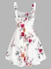 기본 캐주얼 드레스 Ruched Bust Side Lace Up Flower Dress Floral Flare Square Neck Mini Women 2023 230724