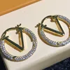 Designer Round Hoop Earrings Women Shiny Diamond Encrusted Letters Hollowed Out Large Circle 18K Gold-Plated Simple Vintage Earrings Party Jewelry Accessories