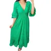 Casual Dresses Women's High Waist Embroidered Dress Summer Solid Color V Neck Ruffled Sundress Vestidos Robe Cocktail Party