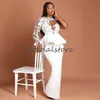 見事なプラスサイズの白いウエディングドレス幻想レース長袖アフリカンウエディングガウンジャンプスーツサテンイブニングドレス2021ファッション新しいP288M
