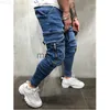 Mäns män Hiphop Pants Big Pocket Skinny Zipper Slim High Quality Casual Sport Corset Jeans X0714 L230724