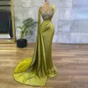 Olive Green Glossy Silk Satin Prom Dresses With Wrap Sparkle Sequined Long Mermaid Evening Party Gowns Ruched Sweep Train Women Second Reception Dress Formal CL0299