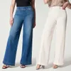 Kvinnor sömnade breda ben jeans elastiska midja stretch denim flare jeans hög midja