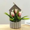 Fleurs décoratives 25cm plantes suspendues au mur tulipe artificielle bonsaï fausse herbe avec Pot artisanat en bois de soie pour la décoration de porte à la maison