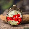 Schlüsselanhänger Mode Kunst Schlüsselanhänger Frauen Schmuck Antike Bronze Anhänger Wilde rote Blumenmuster Cabochon Glas Sommerketten Drop Lieferung Dh2Gr