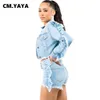 Kurtki damskie CM. Yaya Women Fashion Fashed Ruffles Side z długimi rękawami pojedynczy piersi z kołnierzem dżinsowym płaszczem 2023 Street Ins Tops L230724