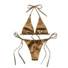 Women's Swimwear Sexy Metallic Halter Top Two Piece Swimsuit Tie Side Triangle Bikini Summer Solid Bathing Suit Beachwear Set 230724