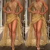 Gold Sexy African Prom Pageant Dresses High Low Lace Appliques One Shoulder Evening Gown Sheer Long Sleeve Formal Wear robes de so215k