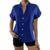 Kvinnors blusar Summer Commute Shirt Lätt silkeslen Slät V-ringningsblus Elegant Stand Collar Kort ärm för formella affärer