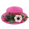 Kvinnor Straw Boater Hat Summer Beach Sun Sailor Bowler Cap Floppy Flat Top w/Flower Hatband