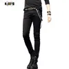 Moda masculina com venda imperdível jeans coreano preto slim fit punk legal super skinny com corrente para homem L230724