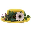 Kvinnor Straw Boater Hat Summer Beach Sun Sailor Bowler Cap Floppy Flat Top w/Flower Hatband