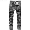 メンズジーンズメンペイズリーバンダンプリントファッション3DデジタルペイントストレッチデニムパンツスリムストレートブラックズボンL230724