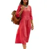 Lässige Kleider Plus Size Kleid Vintage V-Ausschnitt Plissee Tasche Sommer weiche atmungsaktive mittlere Wadenlänge weibliche Kleidung einfarbig