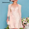 Roze luxe kralen moeder van de bruid jurken 3 4 mouwen thee lengte kant trouwjurk met jas formele avondjurken226N