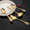 6st Vintage Western Gold Cutary Dining dessert knivgaffel sked Cuterly Set Golden Luxury Ceries Ejravering Tabellerisuppsättning L230704