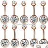 Navel Bell Button Rings Rose Golden Belly Piercing Bar Double Crystal Head Stainless Steel Cubic Zirconia Stone Body Jewelry 10Pcs/Set Dro