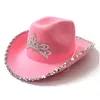 Wide Brim Hats Led Western Style Cowboy Hat Pink Women Girls Birthday Party Caps With Feather Sequin Decoration Crown Tiara Nightclub Cowgir