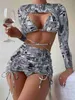 Kadın Mayo Yüksek Belli Fırçalı Baskı 4 Parçalı Kadınlar Mini Plaj Takım Uzun Yedi Parçalı Mayo Bikini Seti H230524