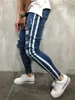 Męskie męskie ołówek High Street Robin Blue Dżinsy White Stripe Chude Hole Denim Spodnie Asian Size L230724