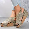 Sier sandales paillettes chunky gol plate-forme femme d'été peep toe coins sandles femme rétro arrière sangle glaidator chaussures grandes taille