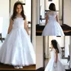 Cute White first holy communion dresses Scoop Cap Sleeves Lace Crystal Flower Girls Pageant Dresses Modern Arabic Kids Inexpensive265G